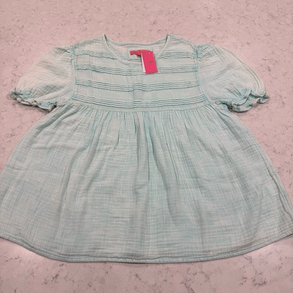 NWT Simplify Southern Babydoll Seafoam Short Sleeve Shirt Cotton Gauze Pintuck - Picture 4 of 14